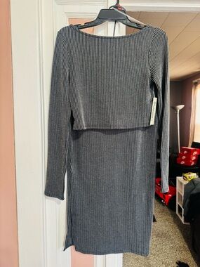 No Boundaries Ribbed Long Sleeve Bodycon Dress in Charcoal Gray